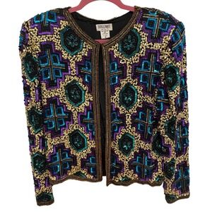 Vintage Beaded Sequin Jacket‎ 80s-90s Medium Geometric Pattern Evening Wear